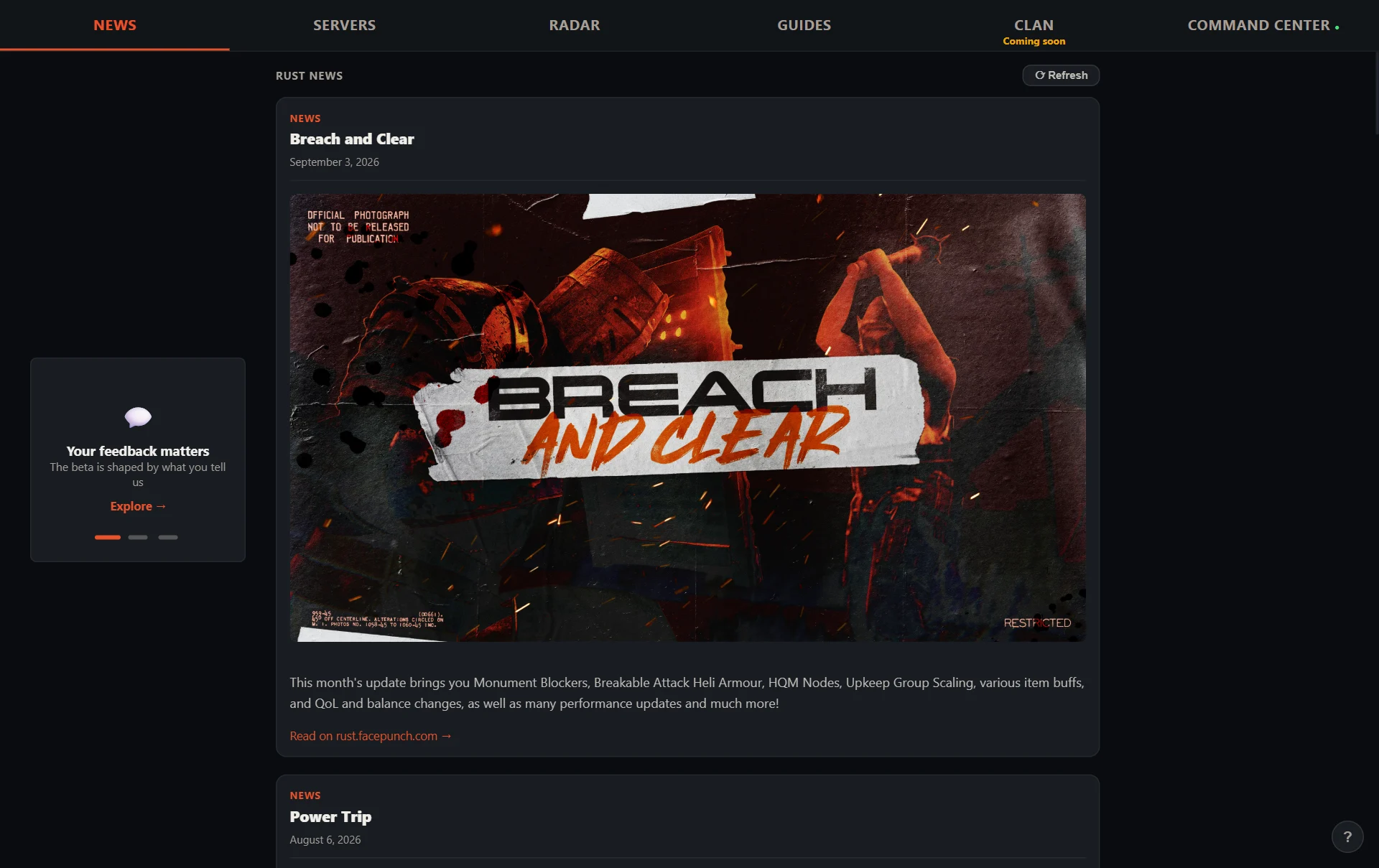 The News tab of the InRust PC agent, showing the latest official Rust news