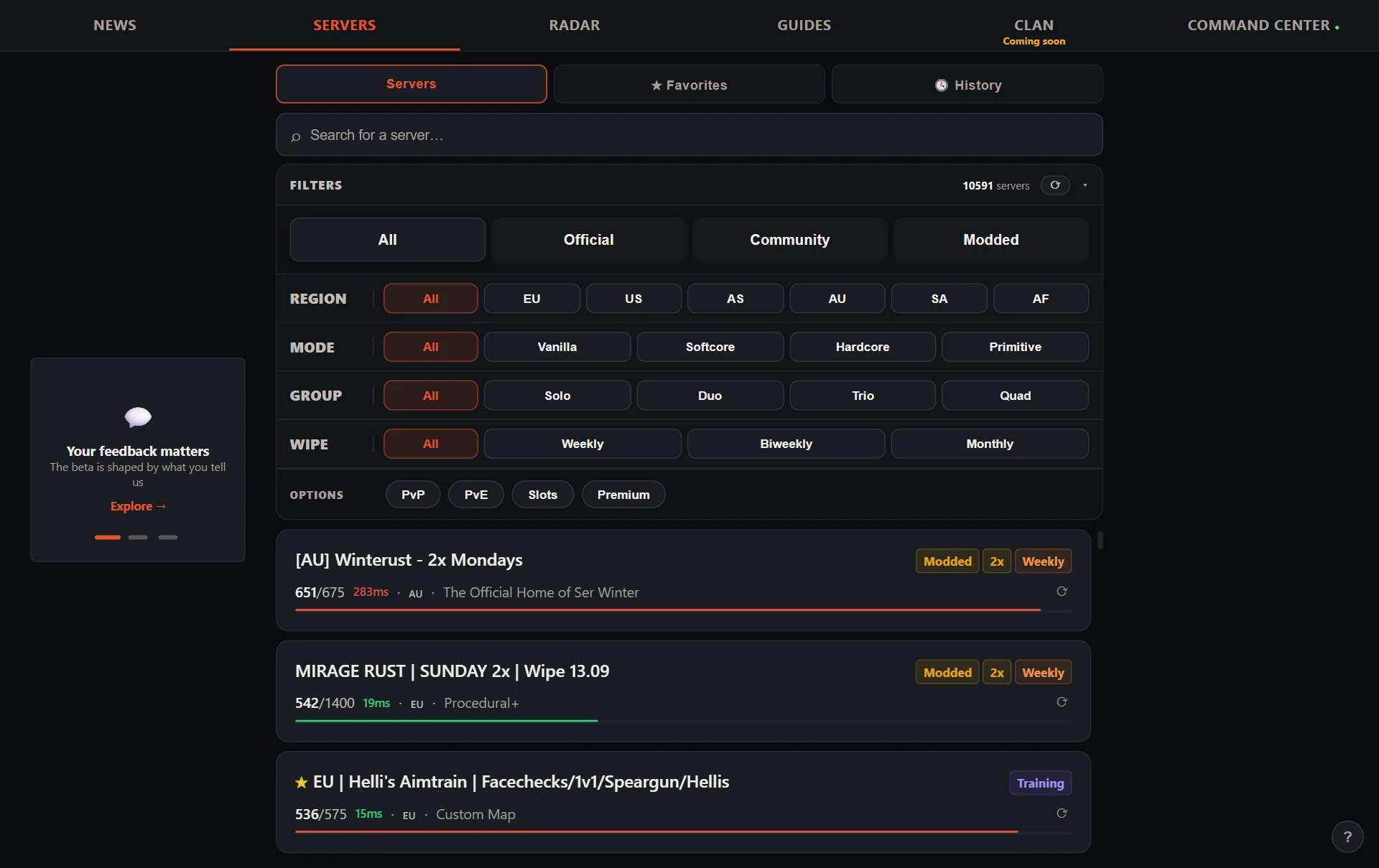 The Servers tab of the InRust PC agent, with the server list and its filters